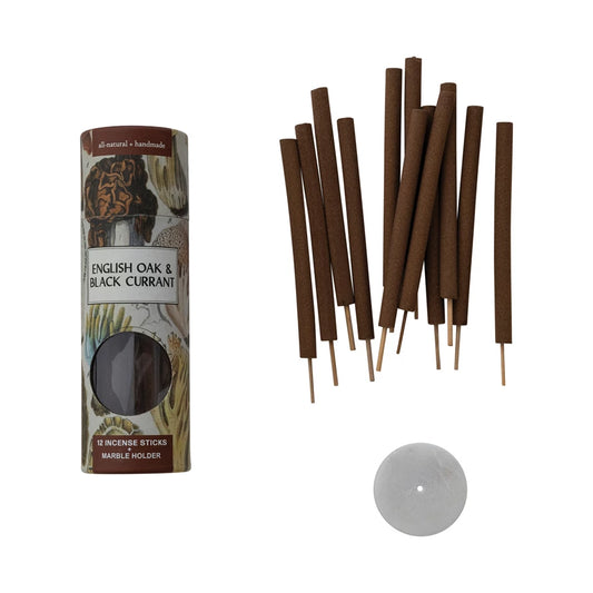 12 Piece English Oak & Black Currant Scented Incense Sticks with Holder