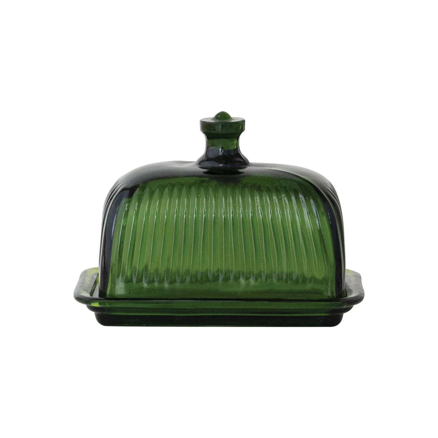 Green Pressed Ribbed Glass Butter Dish