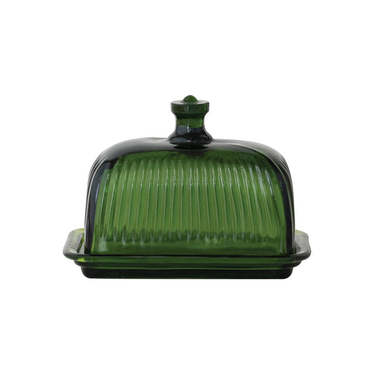 Green Pressed Ribbed Glass Butter Dish