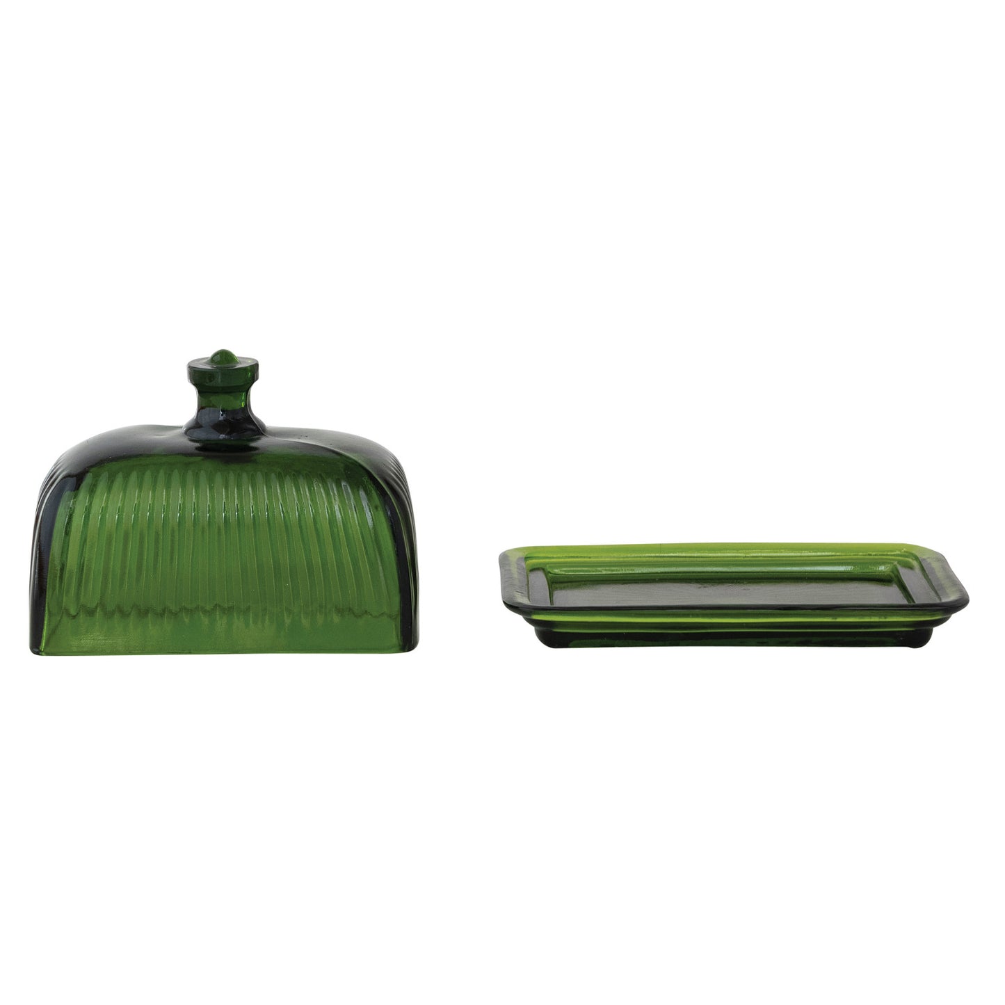 Green Pressed Ribbed Glass Butter Dish