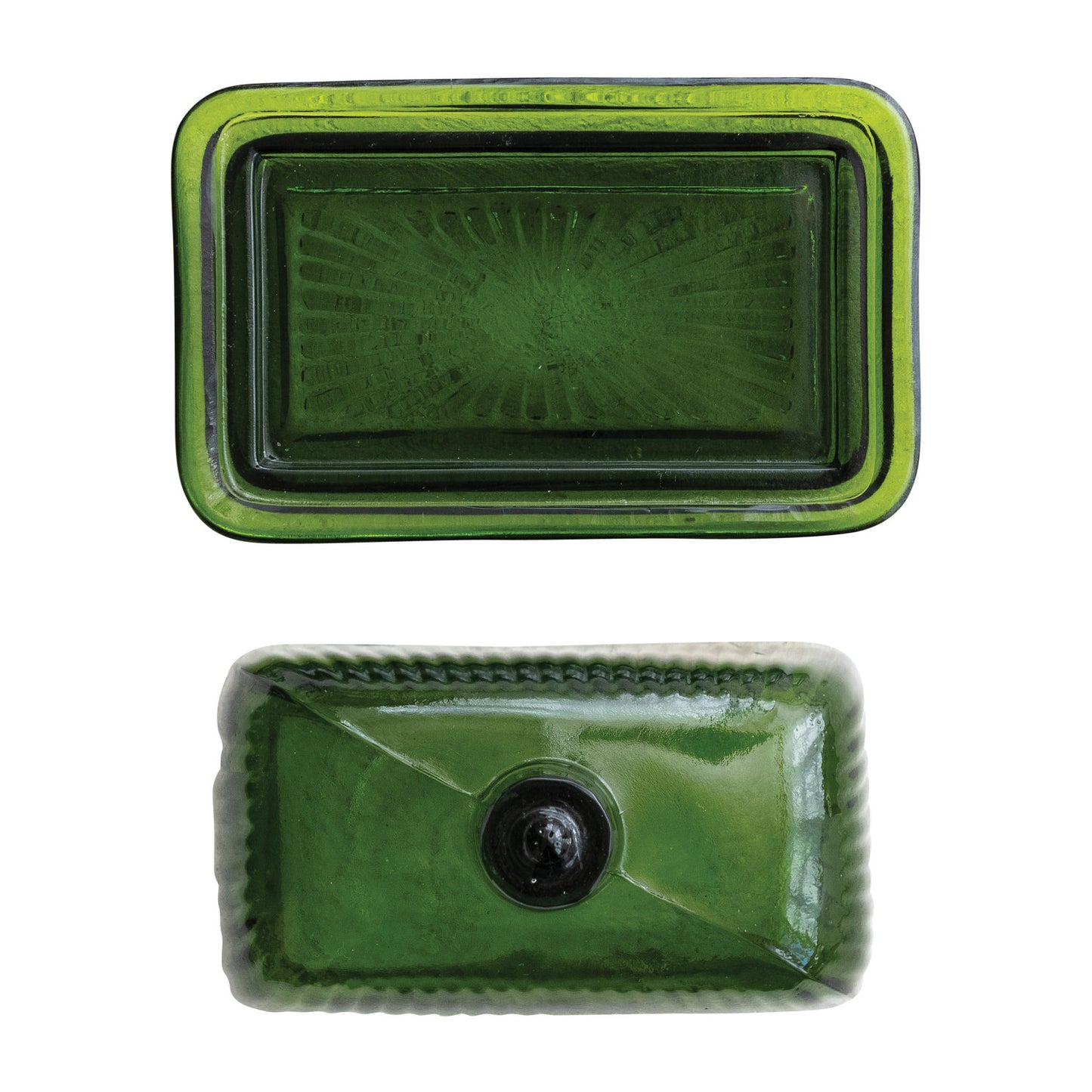 Green Pressed Ribbed Glass Butter Dish