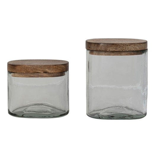 Hand-Blown Glass Jar with Mango Wood Lid - 2 Sizes