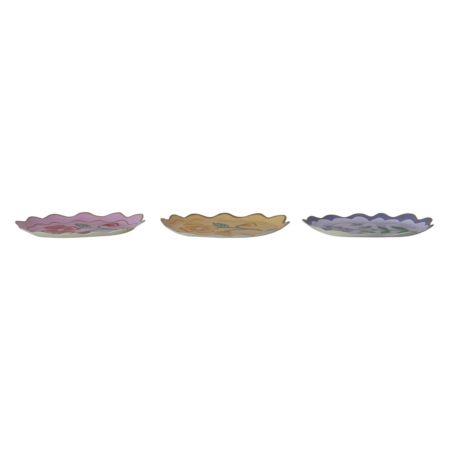 Enameled Metal Scalloped Tray with Flower & Gold Edge