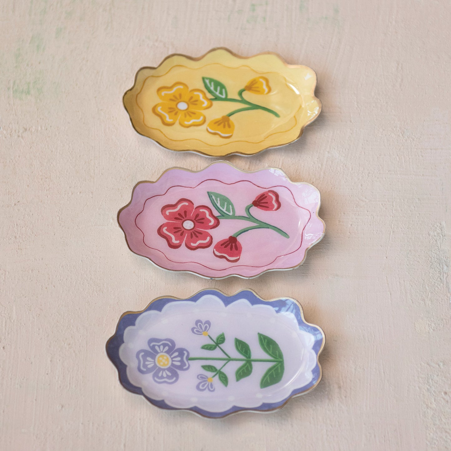 Enameled Metal Scalloped Tray with Flower & Gold Edge