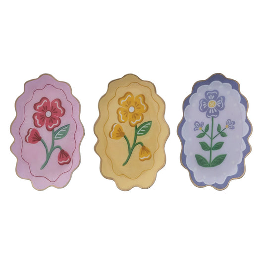 Enameled Metal Scalloped Tray with Flower & Gold Edge