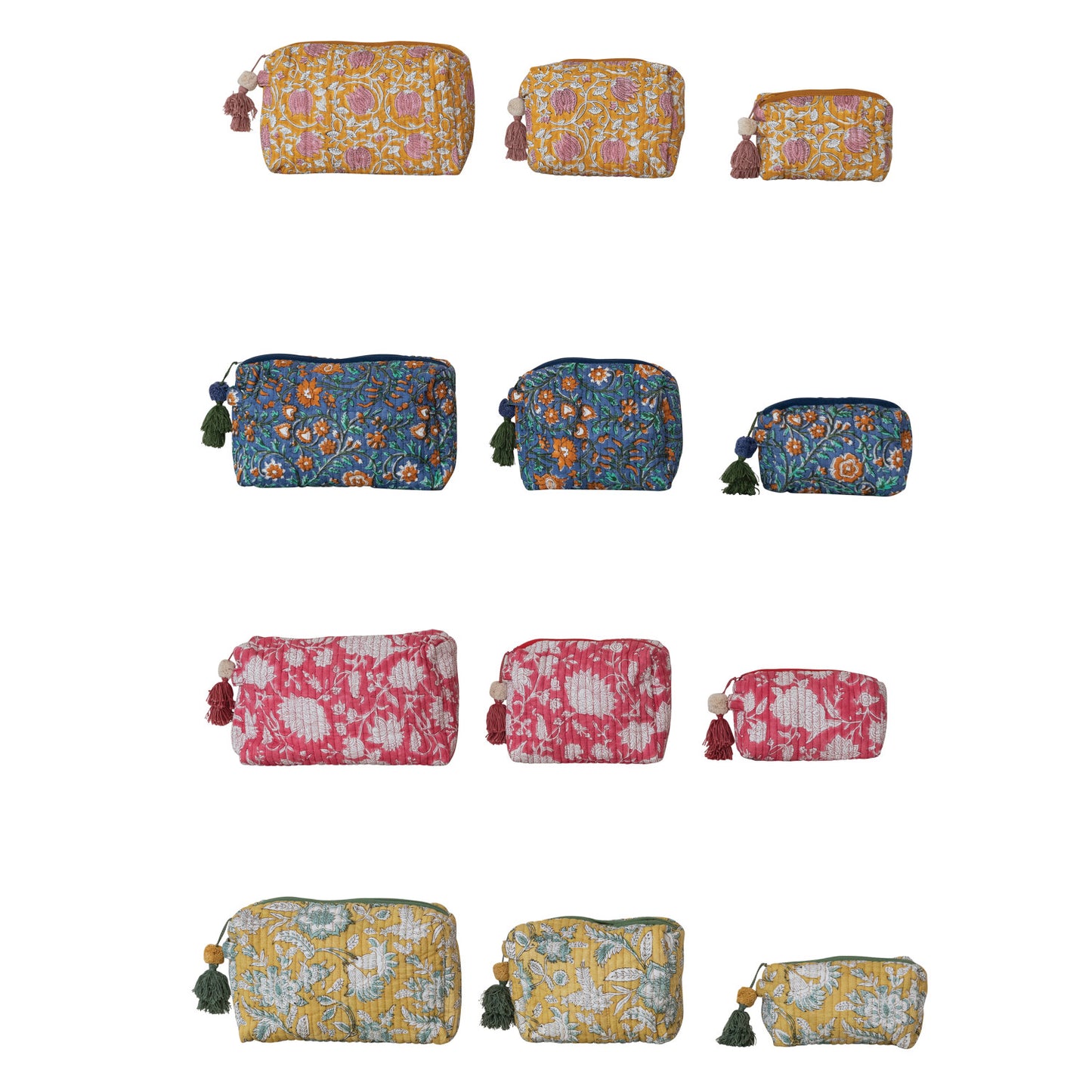 Quilted Cotton Voile Block Zip Pouches with Interior Lining (3 Different Sizes)