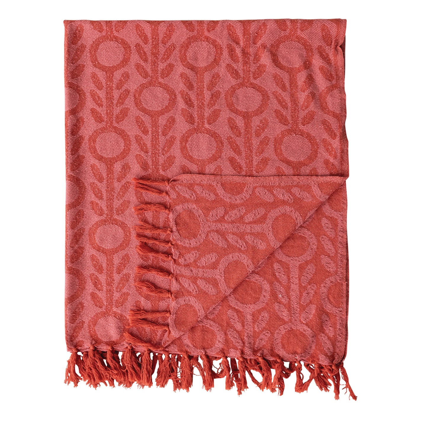 Woven Recycled Cotton Blend Jacquard Throw with Floral Pattern & Fringe