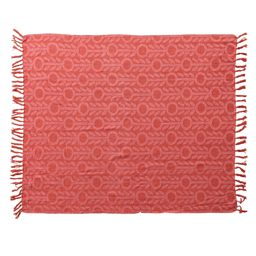 Woven Recycled Cotton Blend Jacquard Throw with Floral Pattern & Fringe