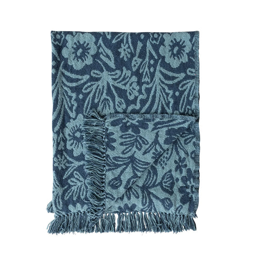 Woven Recycled Cotton Blend Jacquard Throw with Floral Pattern & Fringe