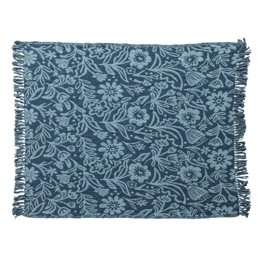 Woven Recycled Cotton Blend Jacquard Throw with Floral Pattern & Fringe