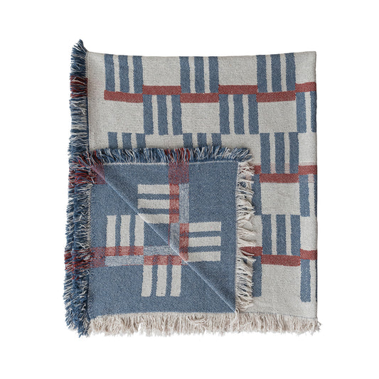 Woven Cotton Blend Jacquard Throw with Stripes/Block Pattern & Fringe