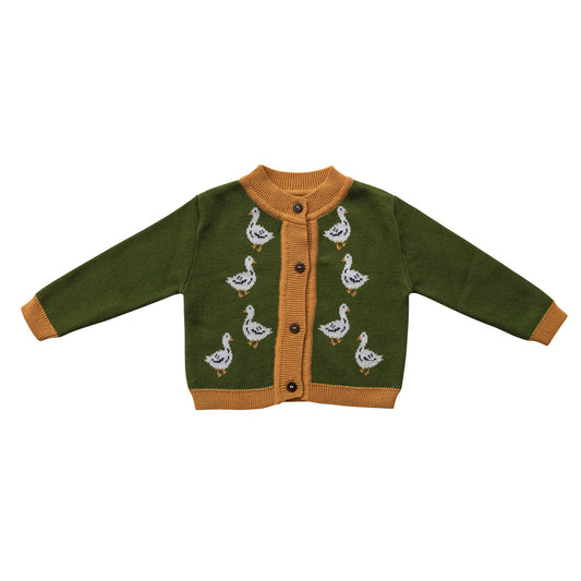 Cotton Knit Baby Cardigan Sweater with Wood Buttons - Ducks