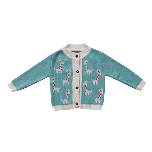 Cotton Knit Baby Cardigan Sweater with Wood Buttons - Giraffes