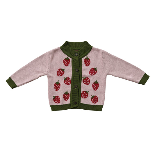 Cotton Knit Baby Cardigan Sweater with Wood Buttons - Strawberries