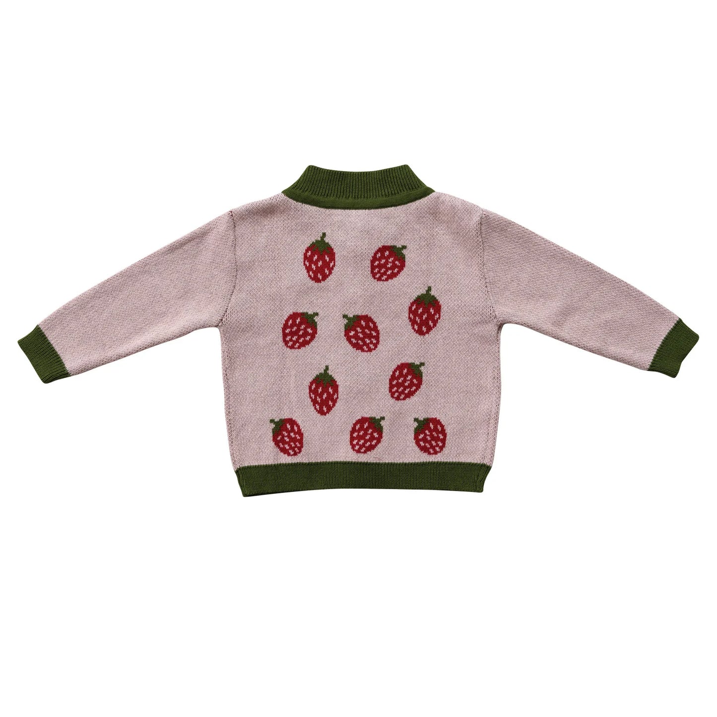 Cotton Knit Baby Cardigan Sweater with Wood Buttons - Strawberries