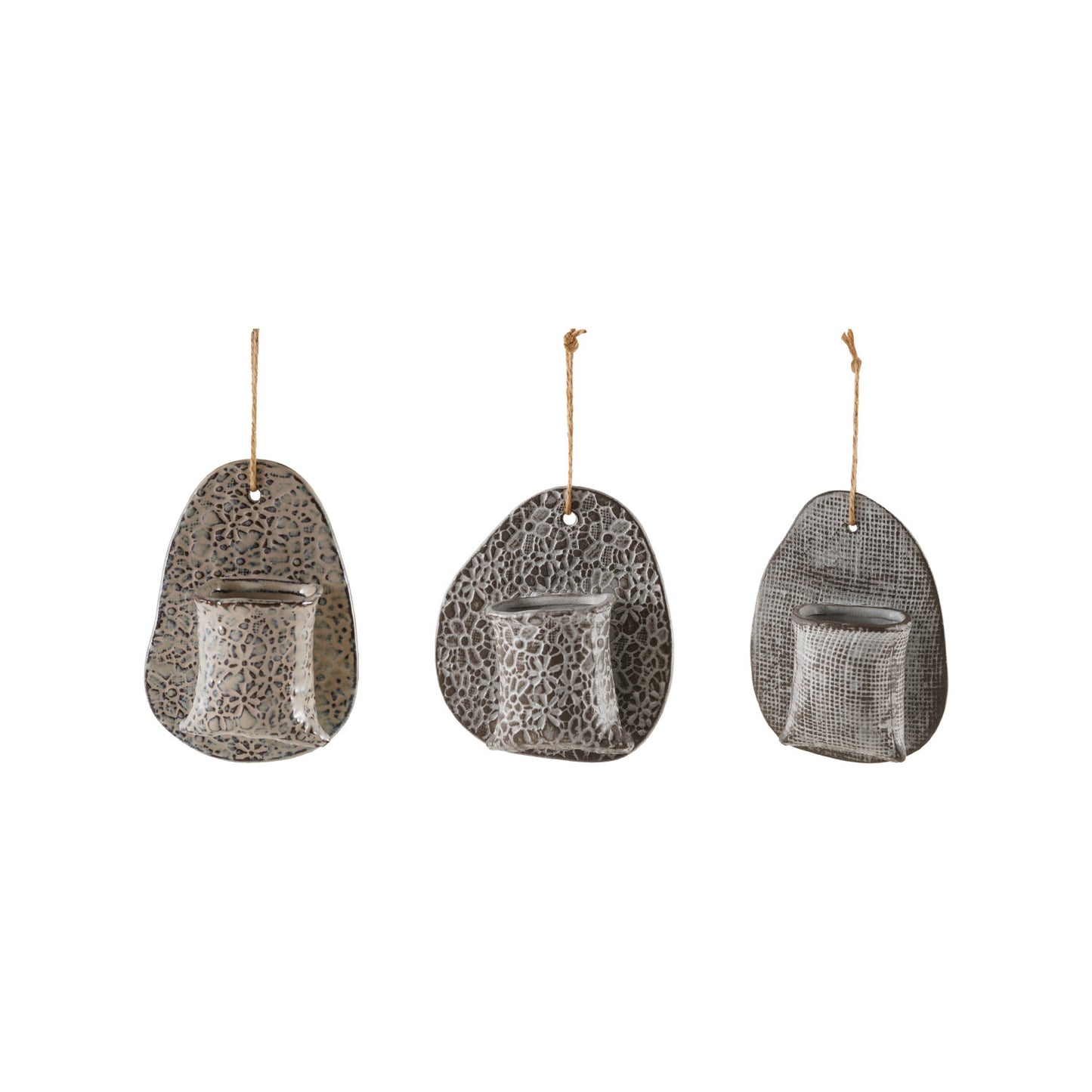 Stoneware Wall Vase with Embossed Stamp Pattern & Jute Hanger