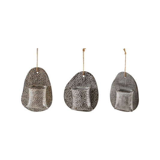 Stoneware Wall Vase with Embossed Stamp Pattern & Jute Hanger