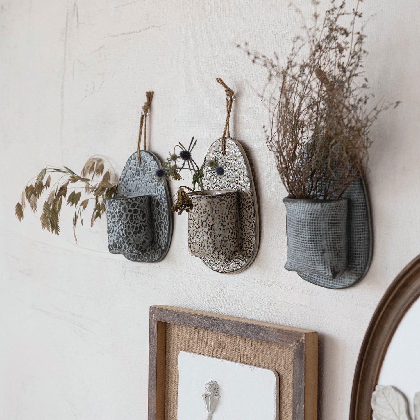 Stoneware Wall Vase with Embossed Stamp Pattern & Jute Hanger