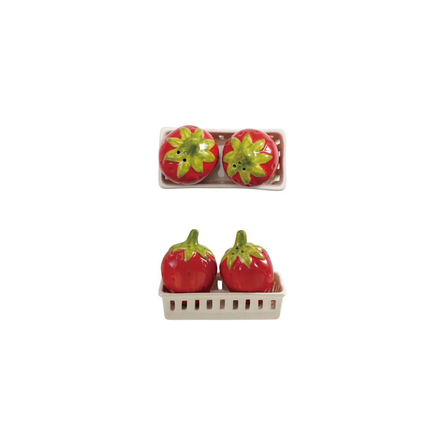 Stoneware Strawberry Shaped Salt & Pepper Shakers with Berry Basket Shaped Holder