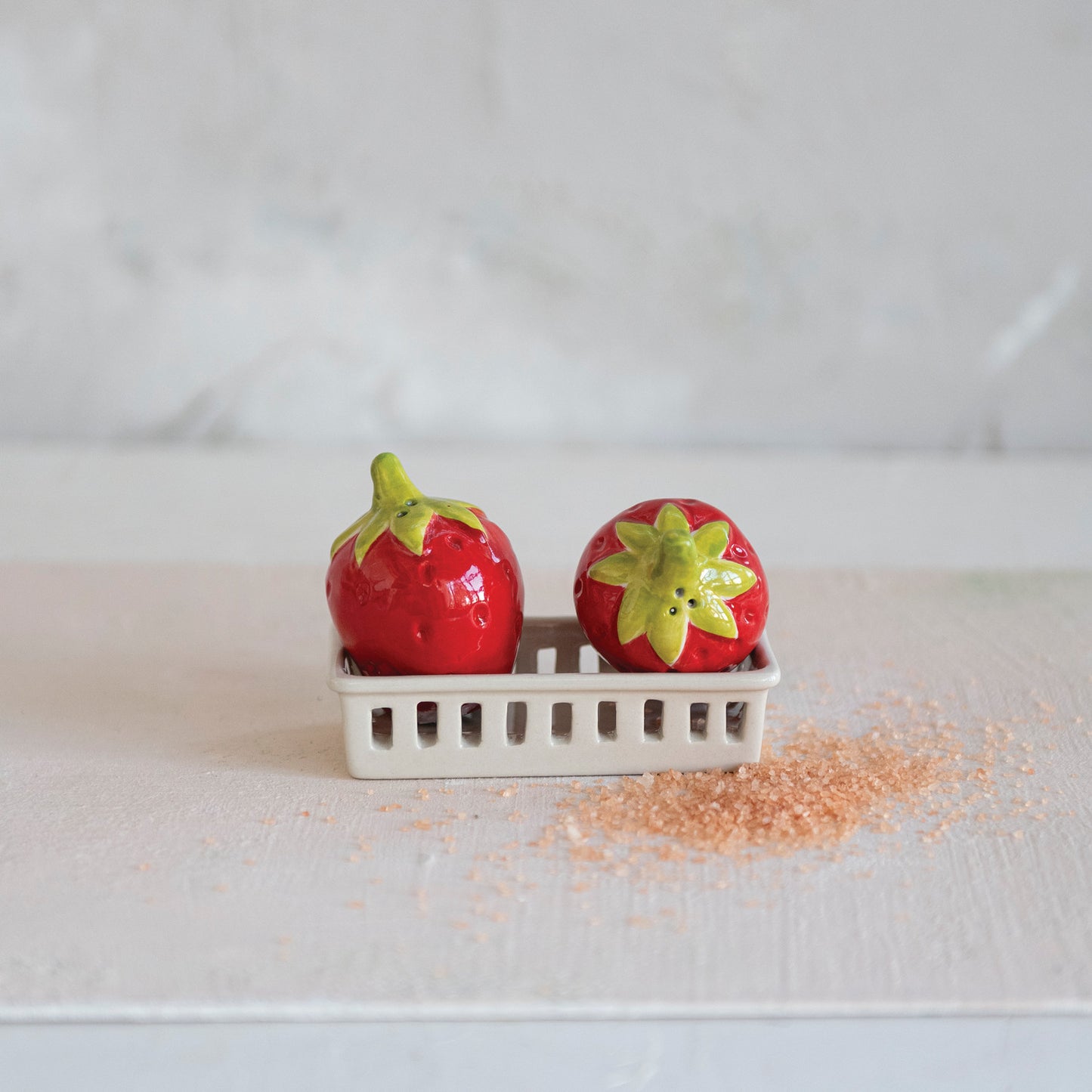 Stoneware Strawberry Shaped Salt & Pepper Shakers with Berry Basket Shaped Holder