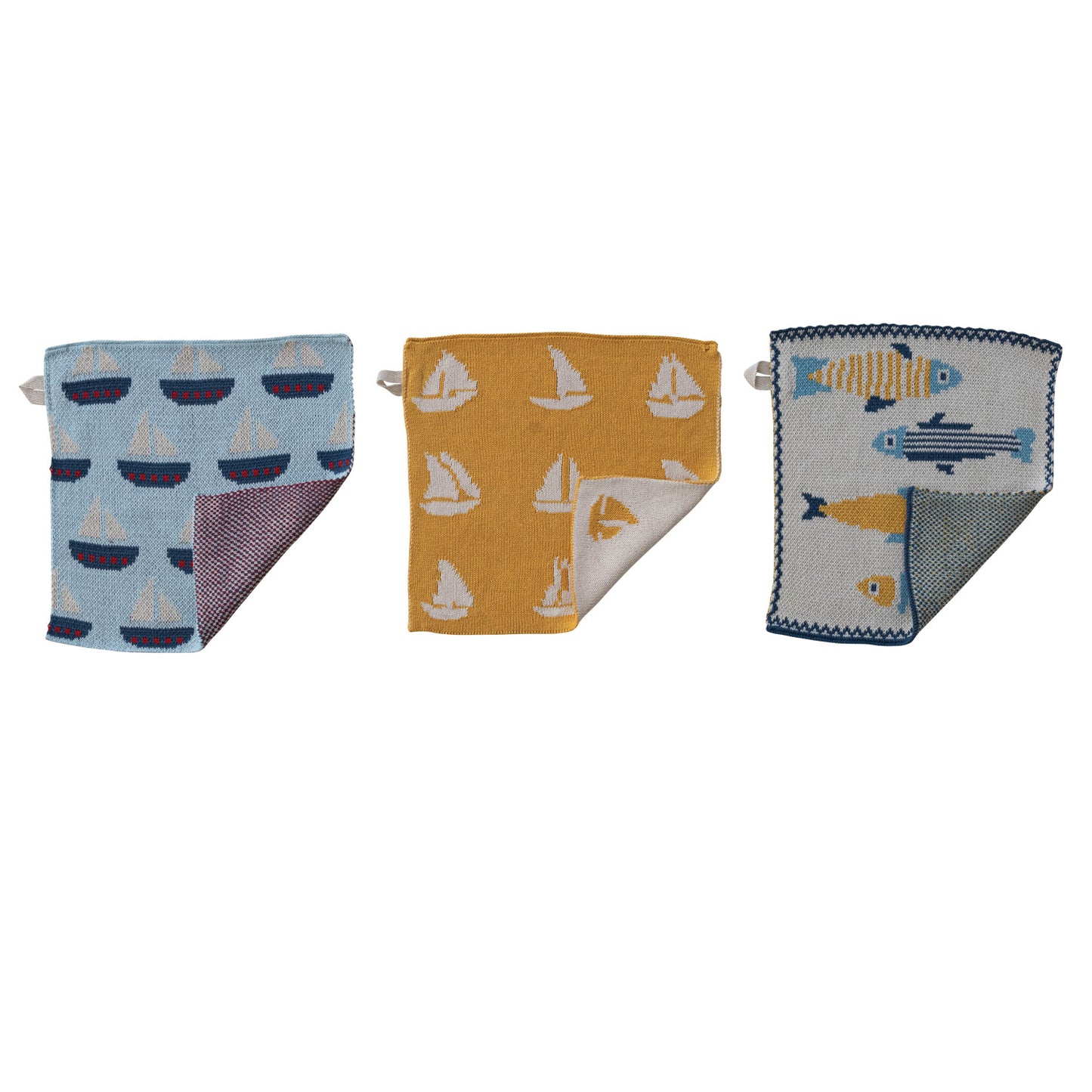 Cotton Knit Dish Cloth with Fish/Boat Pattern