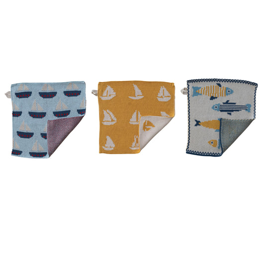 Cotton Knit Dish Cloth with Fish/Boat Pattern
