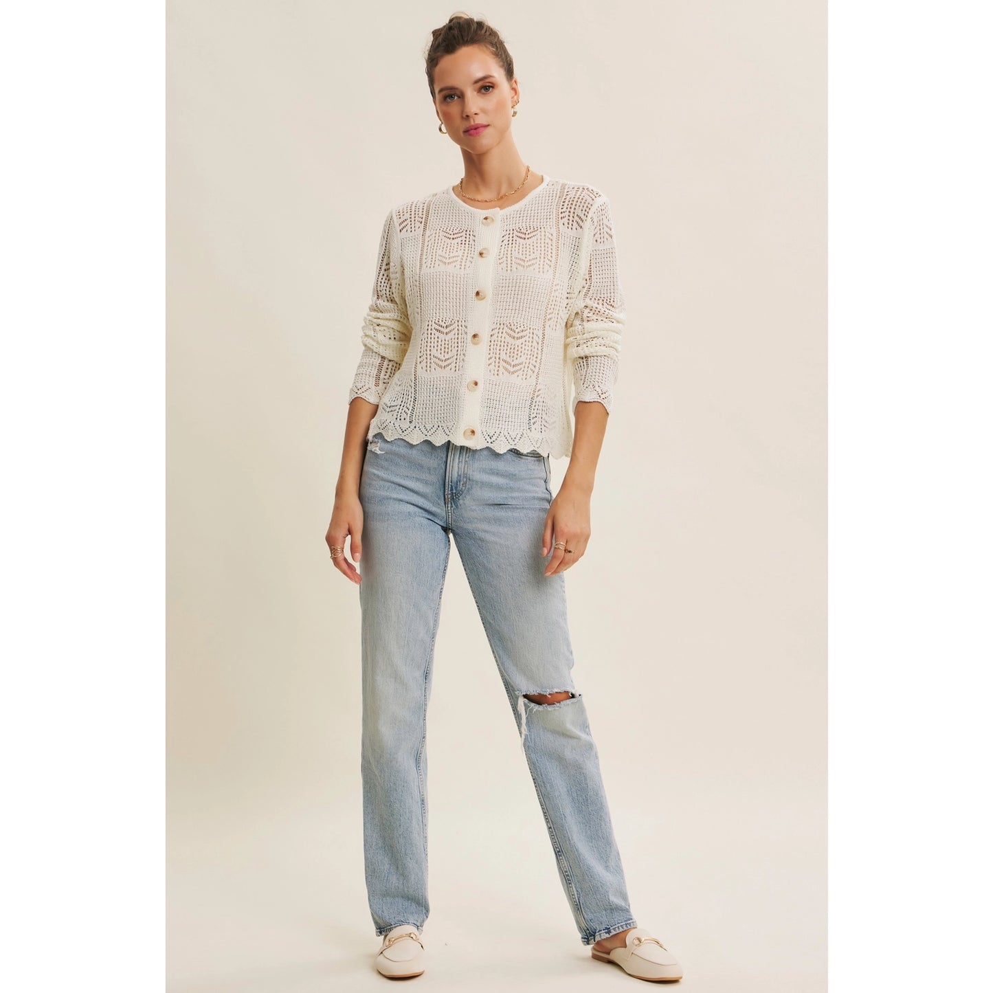 Classic Pointelle Knit Button-Down Cardigan