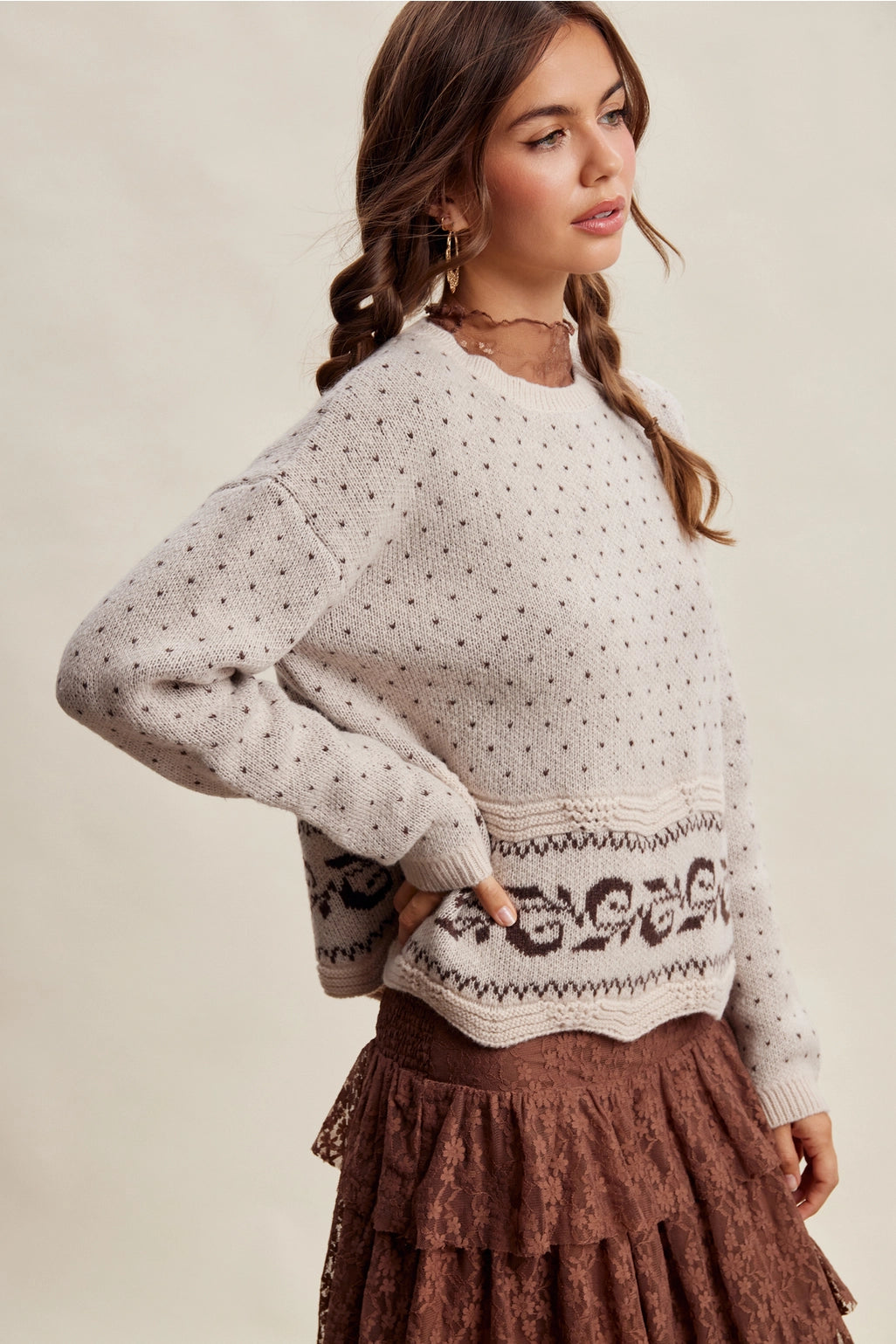 Swiss Dot Border Knit Sweater