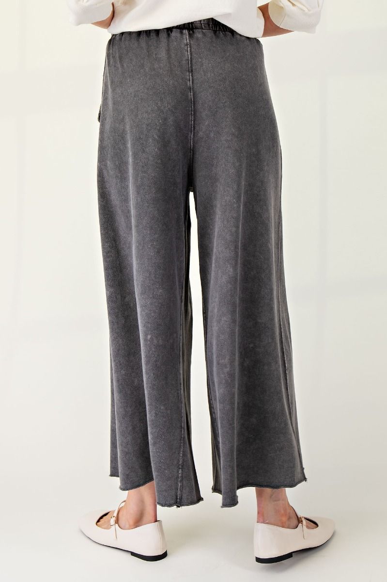 Washed Terry Knit Wide Leg Pants - Black (S-3X)
