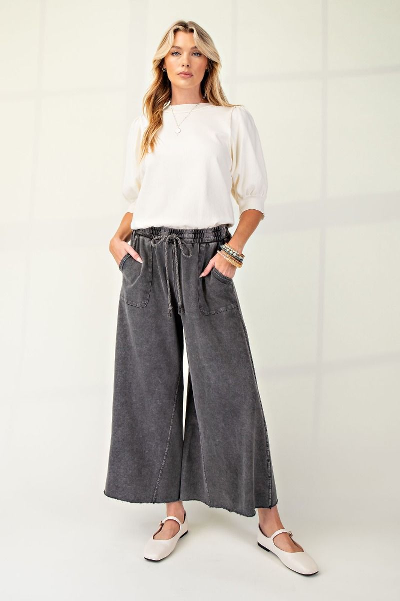 Washed Terry Knit Wide Leg Pants - Black (S-3X)