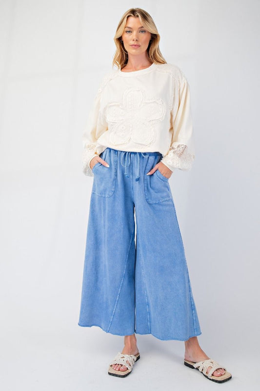 Washed Terry Knit Wide Leg Pants - Cornflower