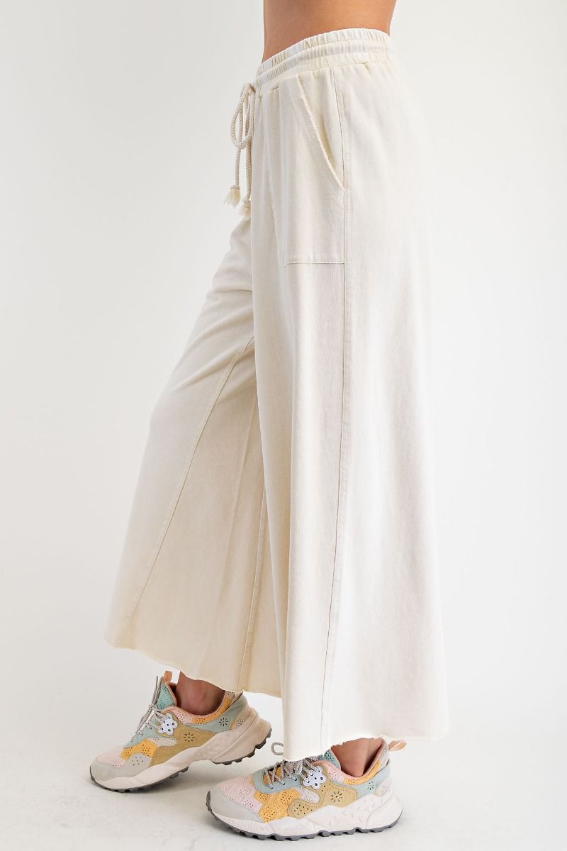 Washed Terry Knit Wide Leg Pants - Ecru