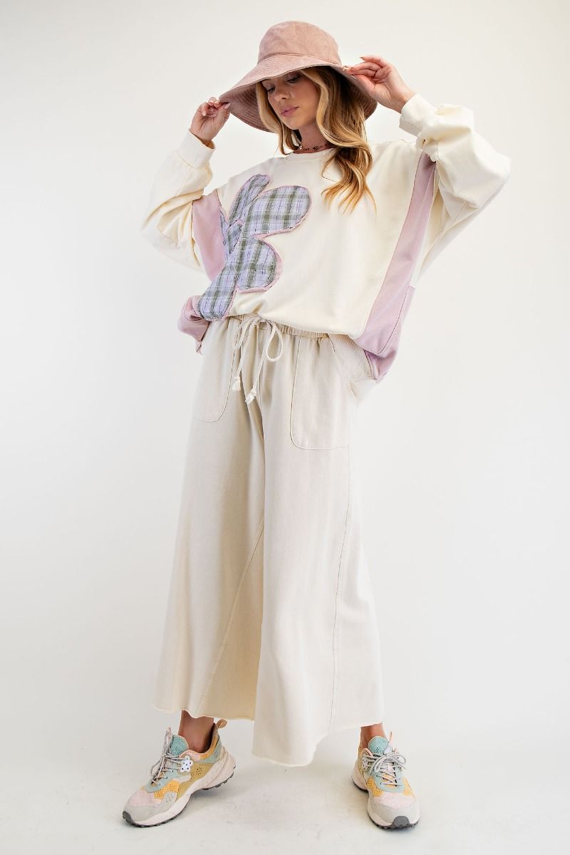 Washed Terry Knit Wide Leg Pants - Ecru