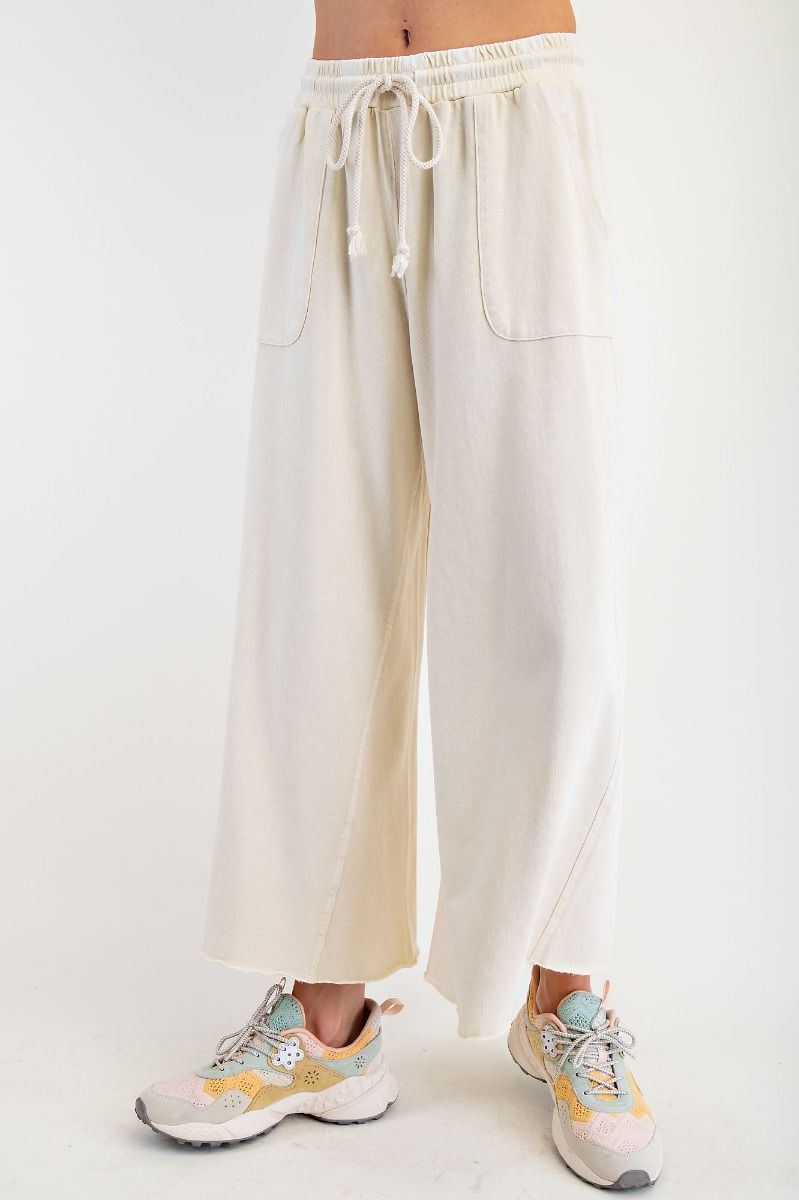 Washed Terry Knit Wide Leg Pants - Ecru