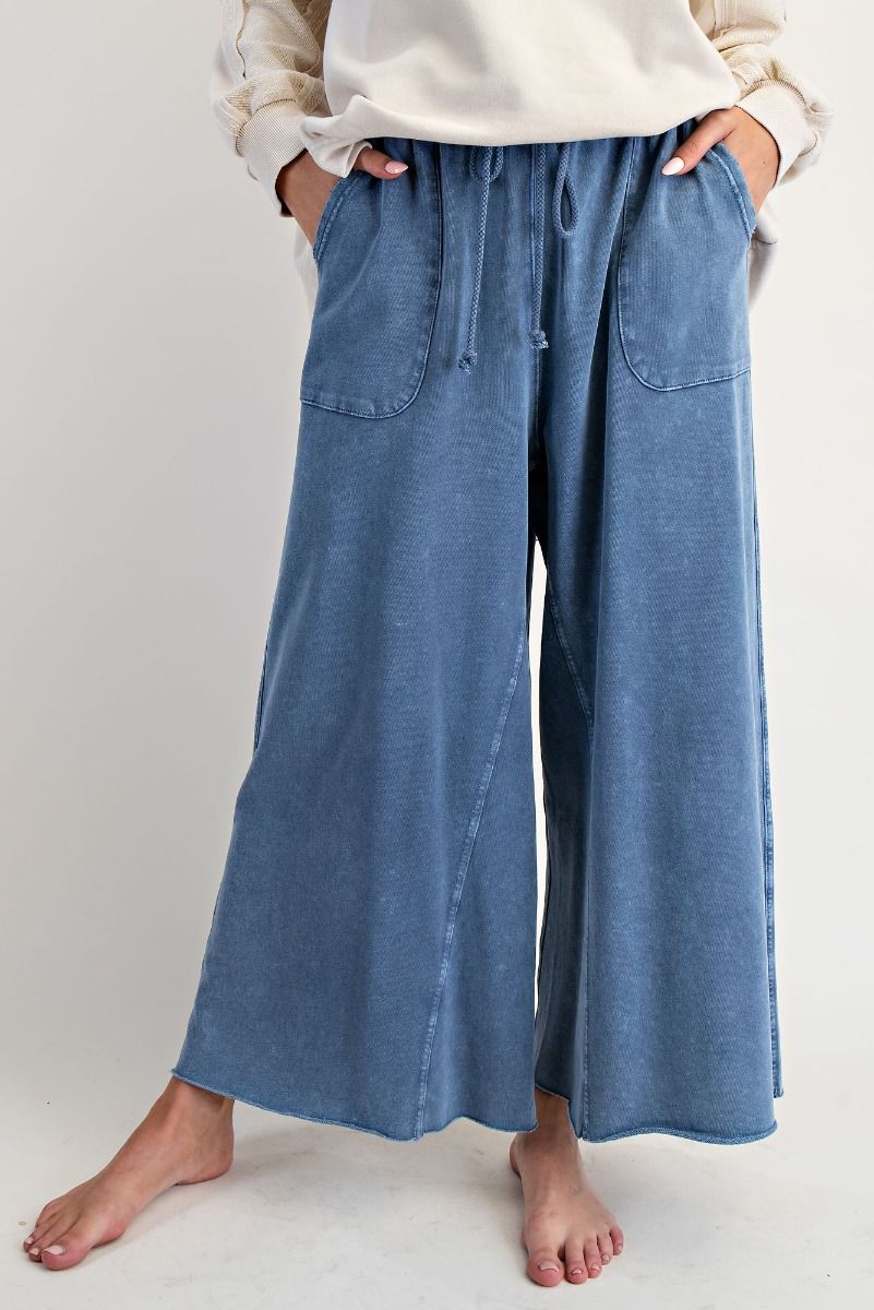 Washed Wide Leg Terry Sweatpants - Denim
