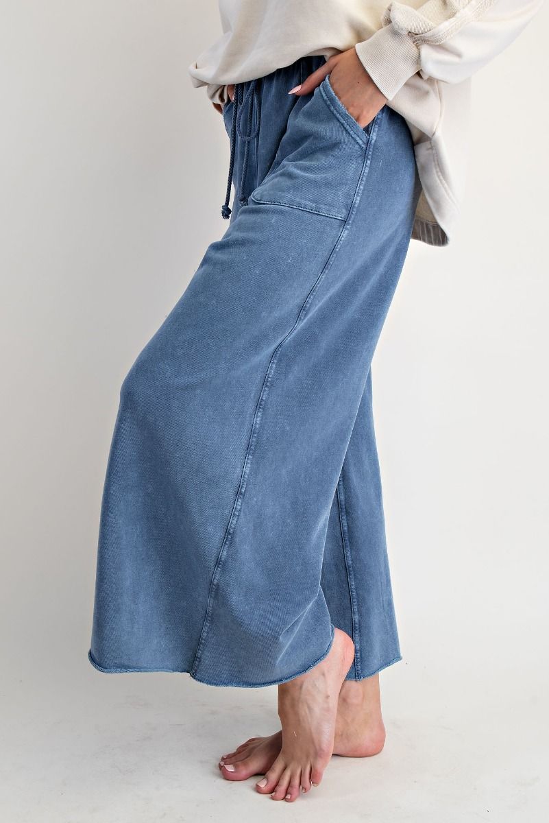 Washed Wide Leg Terry Sweatpants - Denim