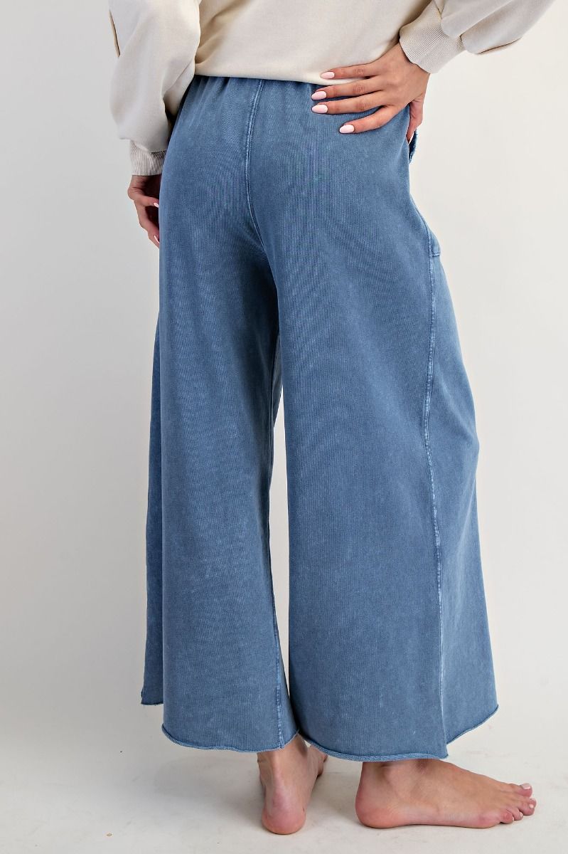 Washed Wide Leg Terry Sweatpants - Denim