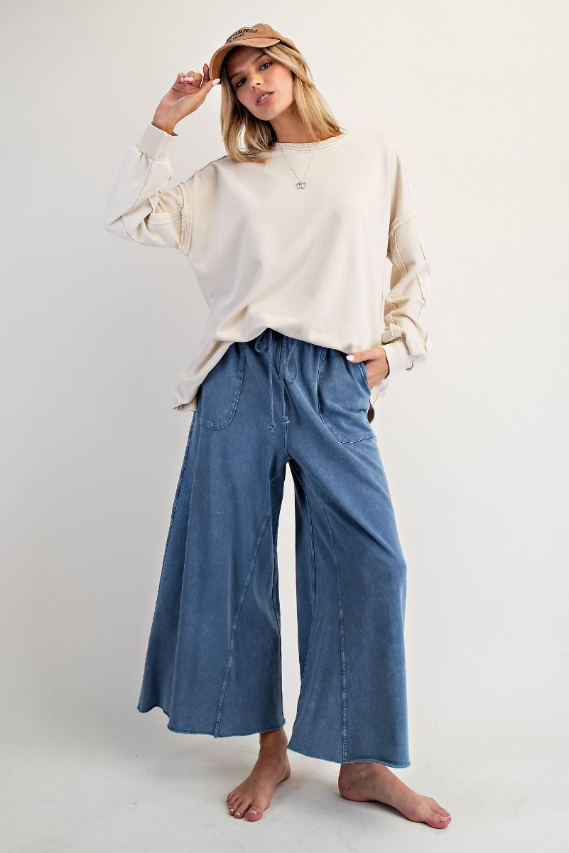 Washed Wide Leg Terry Sweatpants - Denim