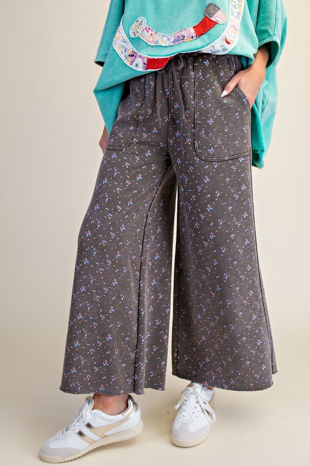 Floral Print Wide Leg Pants - Ash