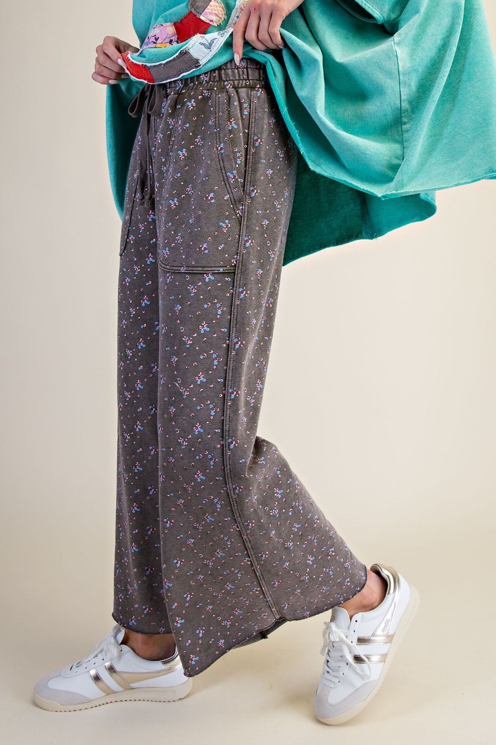 Floral Print Wide Leg Pants - Ash