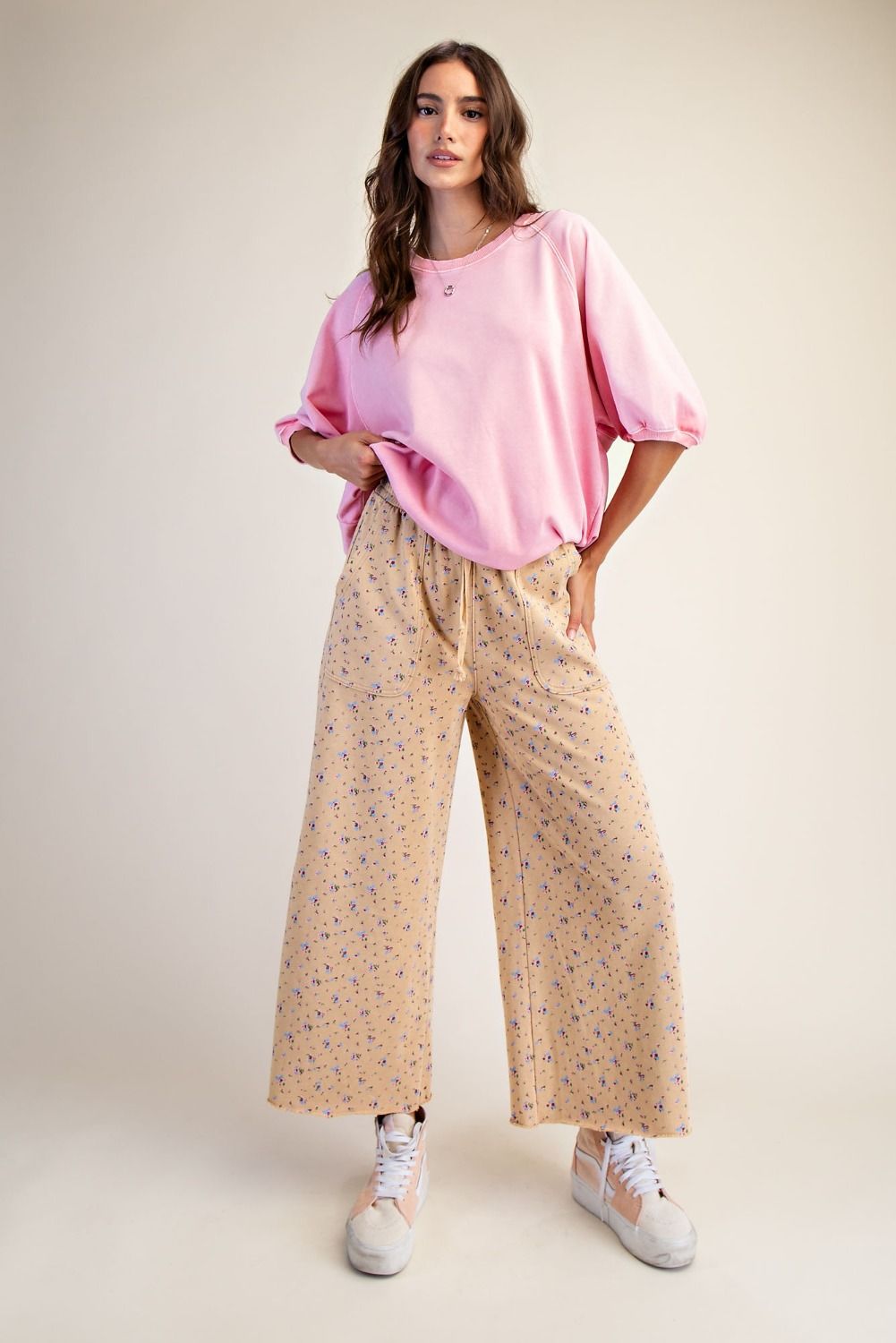 Floral Print Wide Leg Pants - Latte