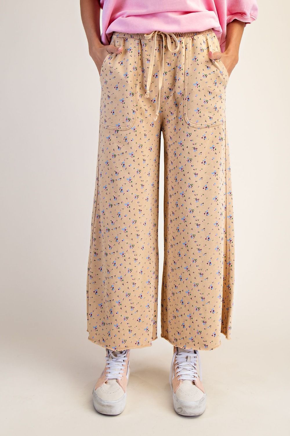 Floral Print Wide Leg Pants - Latte