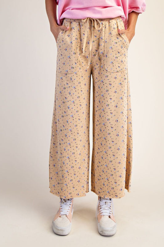 Floral Print Wide Leg Pants - Latte