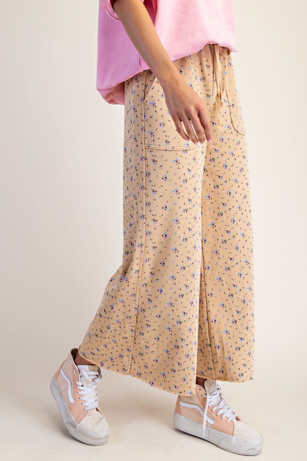 Floral Print Wide Leg Pants - Latte