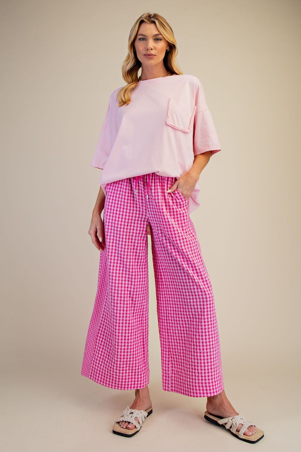 Checkered Woven Pants - Pink