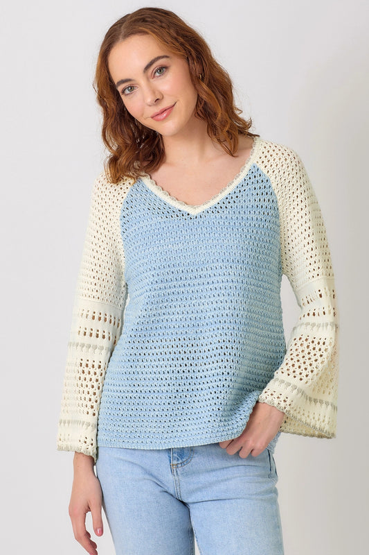 Raglan Sleeve Crochet Sweater - Blue