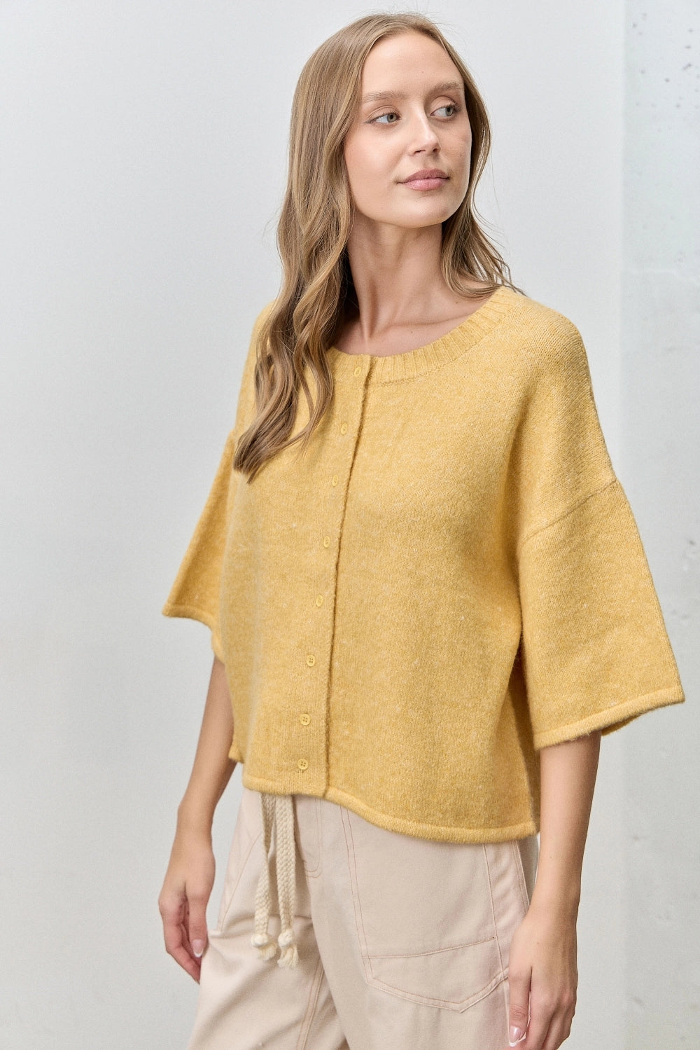 Button Up Short Sleeve Knit Cardigan - Yellow