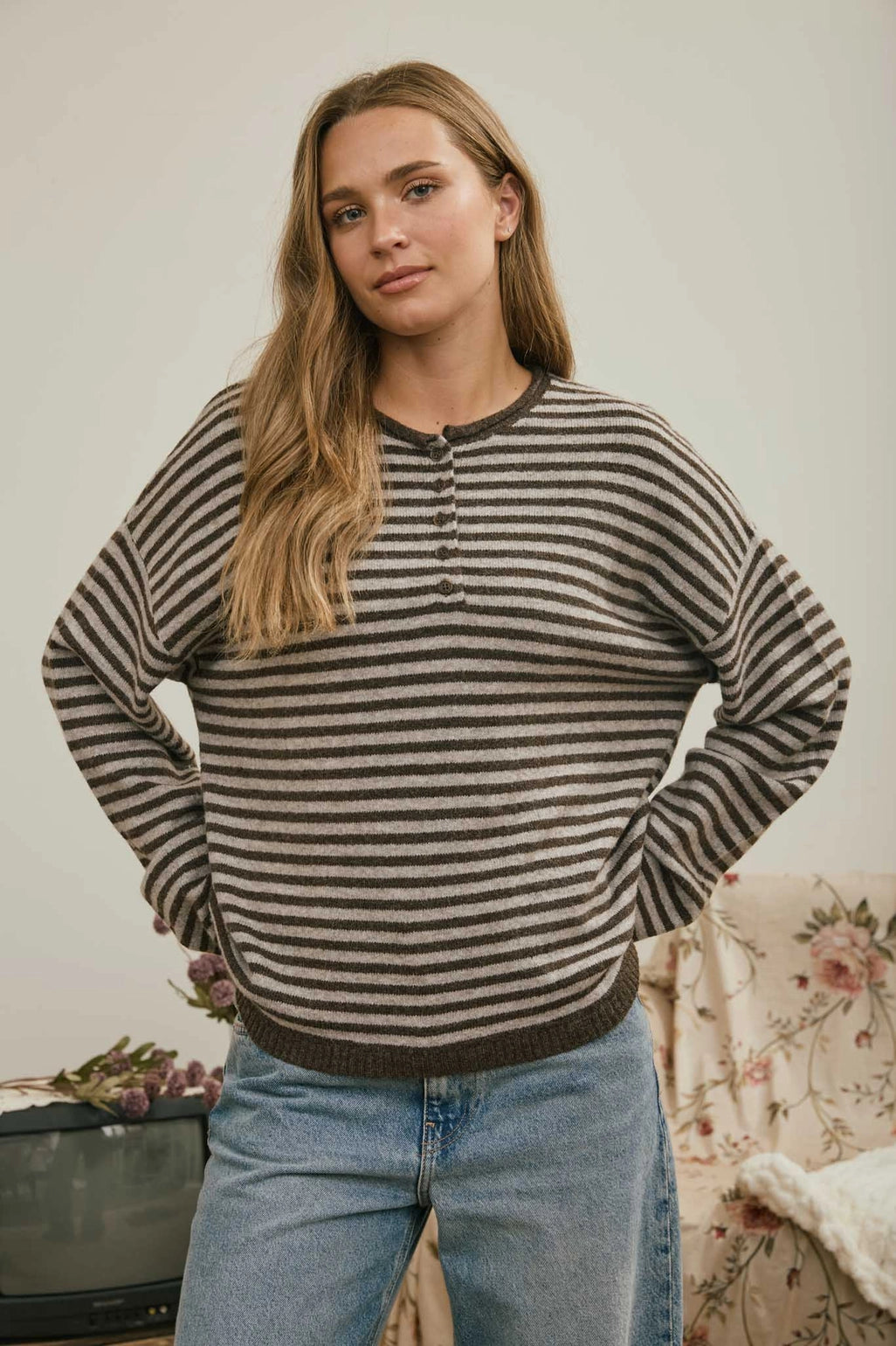 Button Henley Stripe Long Sleeve Sweater - Deep Brown