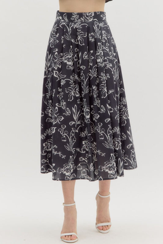 Floral Print Pleated Midi Skirt
