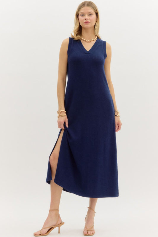 Solid V-neck Rib Textured Midi Dress